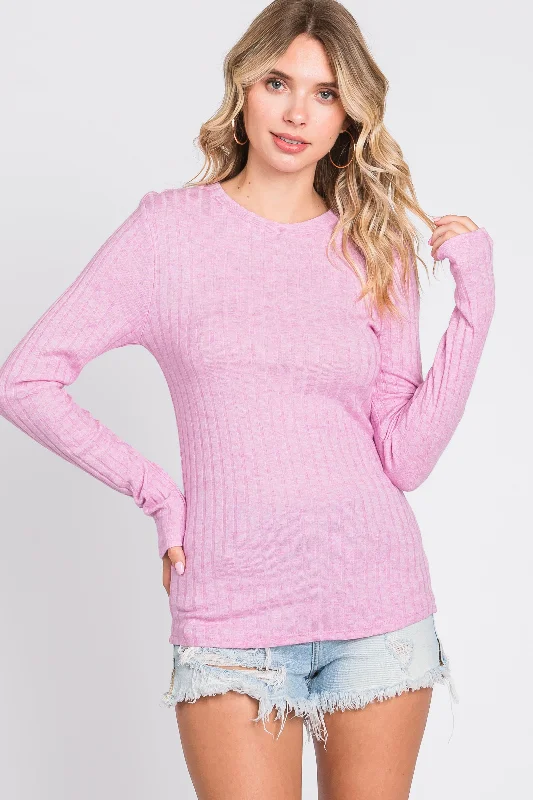 Ruffled Cuff Women Long Sleeve Top with a Feminine TouchPink Ribbed Long Sleeve Top
