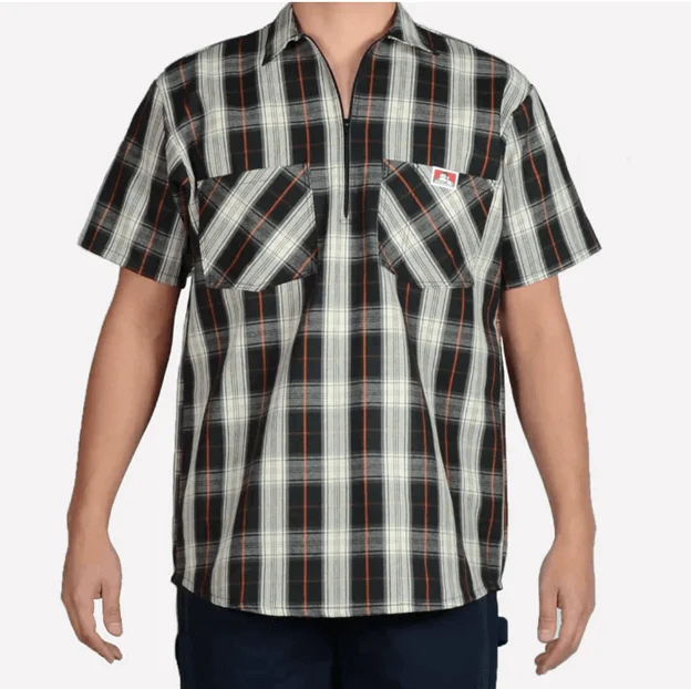 1/2 Zipper Short Sleeve Plaid - Black & Cream