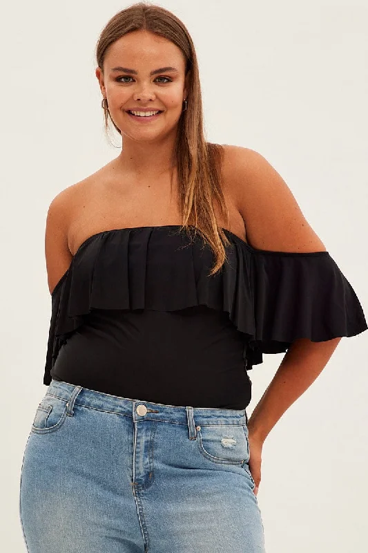 Crop Bodysuits to Pair with High - Waisted BottomsBlack Frill Bodysuit Off Shoulder Frill Jersey Crop Bodysuits to Pair with High - Waisted BottomsBlack Frill Bodysuit Off Shoulder Frill Jersey