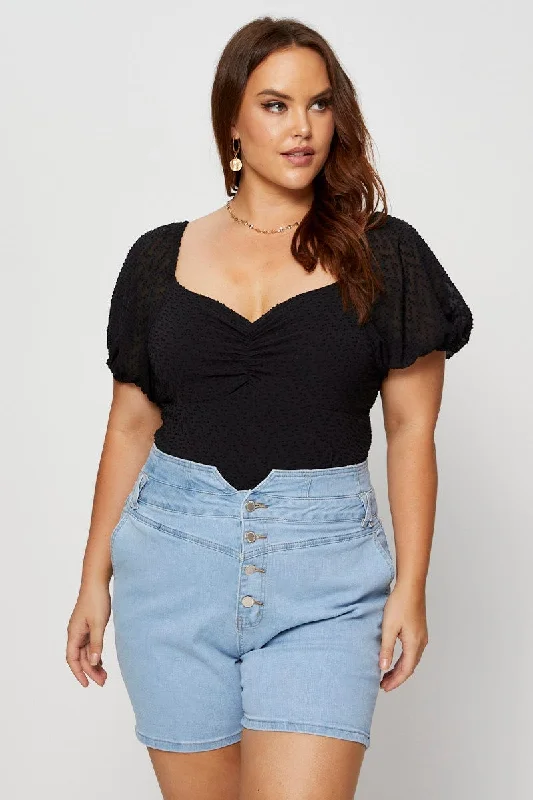 Plus - Size Bodysuits with a Comfortable and Flattering FitBlack Ruched Bodysuit Short Sleeve Dobby Chiffon Plus - Size Bodysuits with a Comfortable and Flattering FitBlack Ruched Bodysuit Short Sleeve Dobby Chiffon