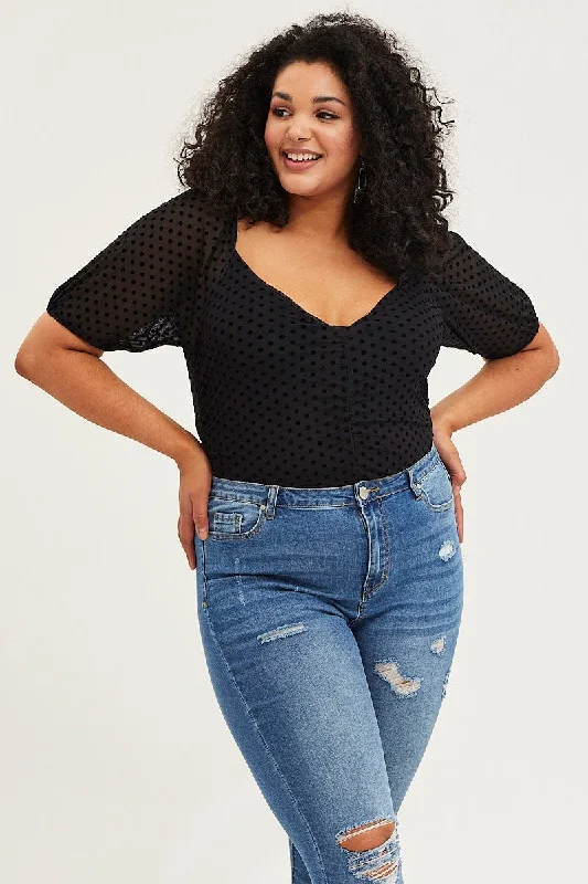 Black Short Sleeve Spot Mesh Bodysuit