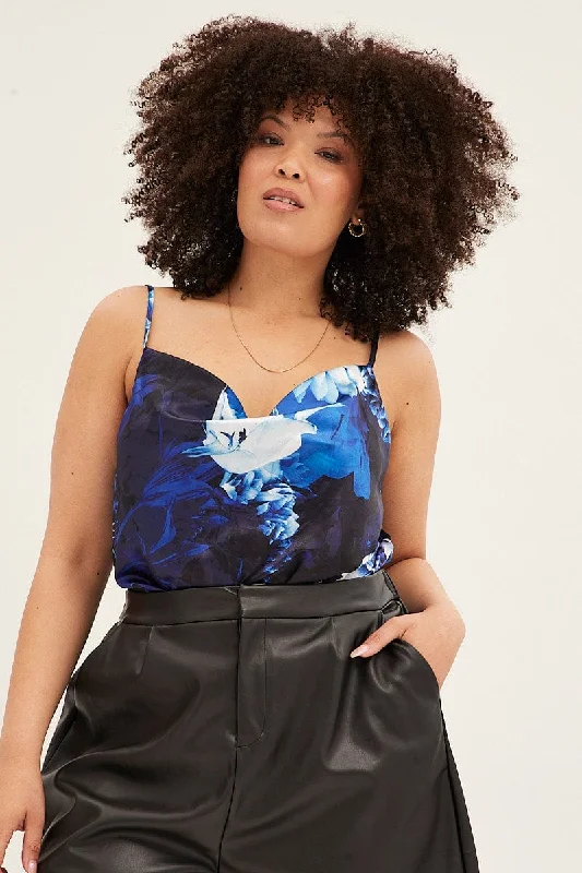 Blue Abstract Cowl Neck Bodysuit Sleeveless Satin