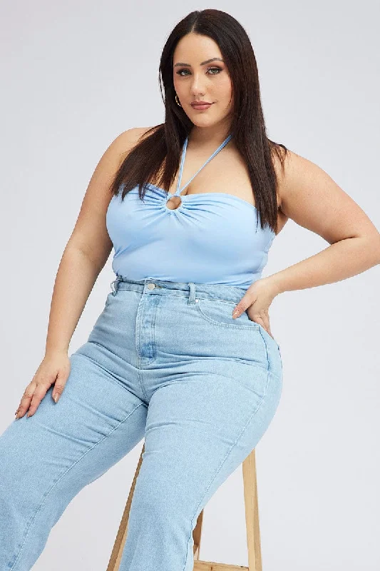 Blue Halter Bodysuit Ring Detail Jersey