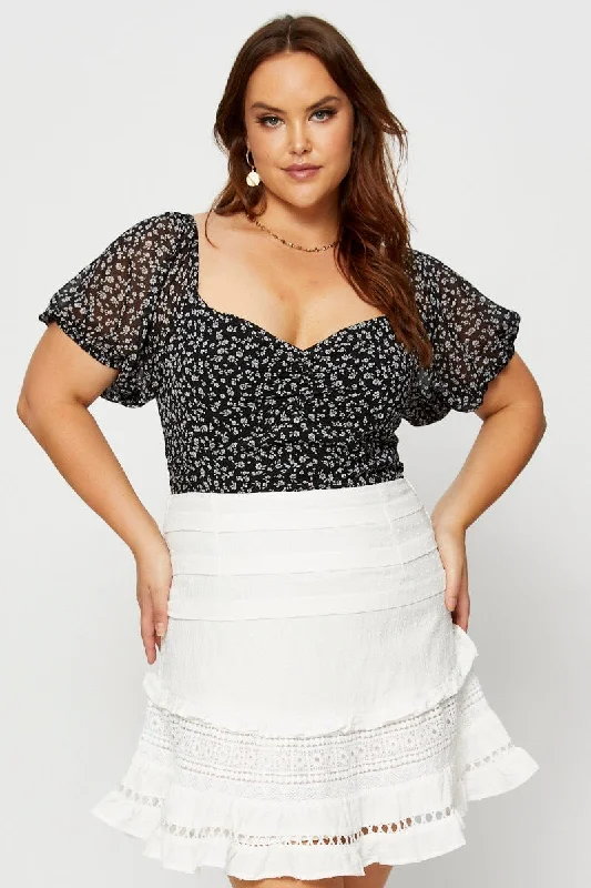 Ditsy Print Ruched Bodysuit Short Sleeve