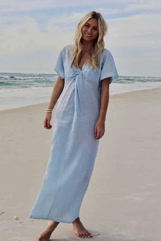 Knot Linen Dress Long Blue