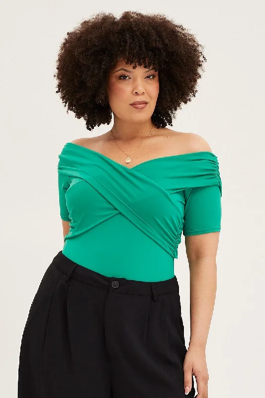 Green Off Shoulder Jersey Wrap Bodysuit