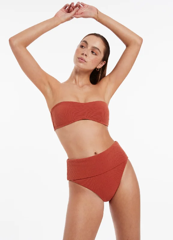 Isla Rib Fold Down High Waisted Bikini Bottom - Russet