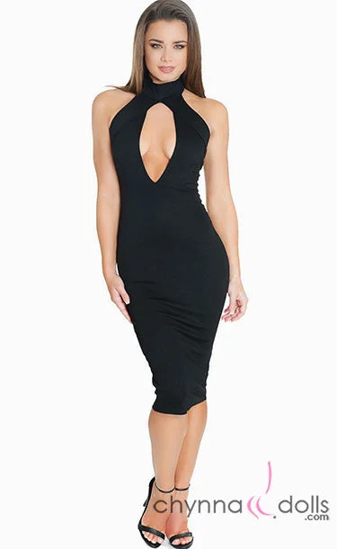 Mya: Plunge Keyhole High Neck Midi Length Bodycon Dress