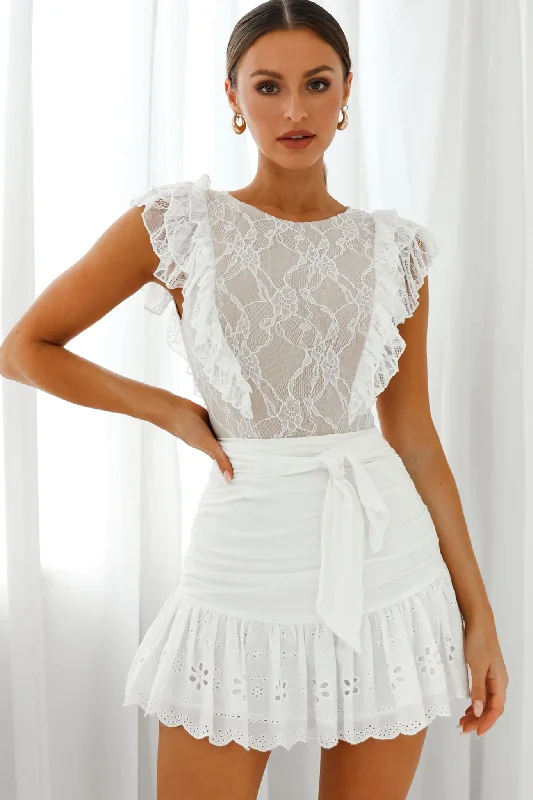 Cut - Out Bodysuits for a Trendy and Fashion - Forward StyleSpring Fling Frill Trim Lace Bodysuit White Cut - Out Bodysuits for a Trendy and Fashion - Forward StyleSpring Fling Frill Trim Lace Bodysuit White