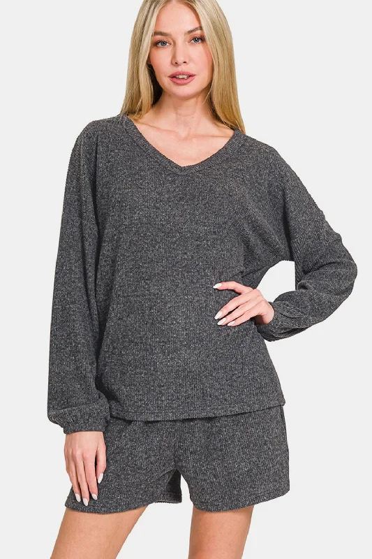 Button - Front Bodysuits with a Classic and Timeless AppealZenana V-Neck Long Sleeve Ribbed Top and Shorts Set Button - Front Bodysuits with a Classic and Timeless AppealZenana V-Neck Long Sleeve Ribbed Top and Shorts Set